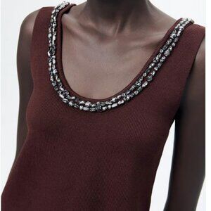 NWT Zara Jewel Beads Ribbed Knit Burgundy Top S